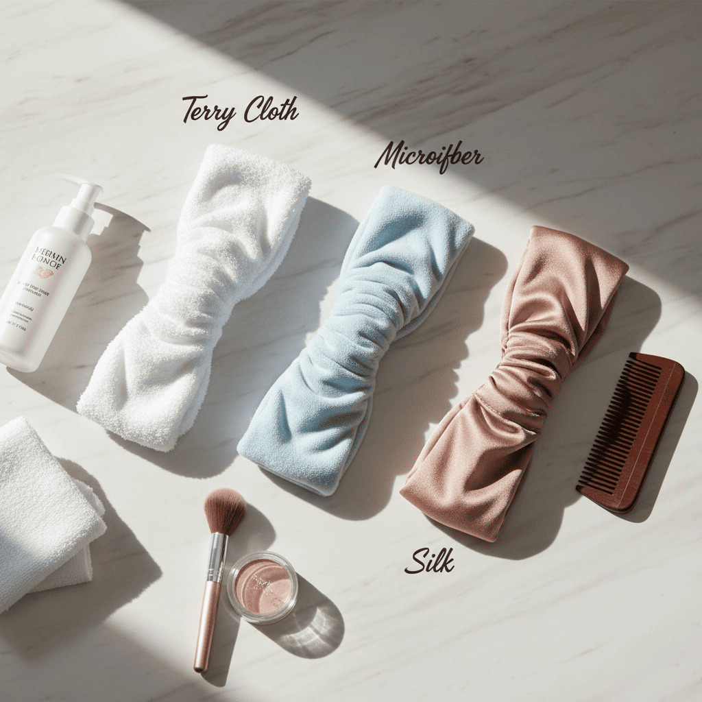 Different spa headbands made of terry cloth, microfiber, and silk