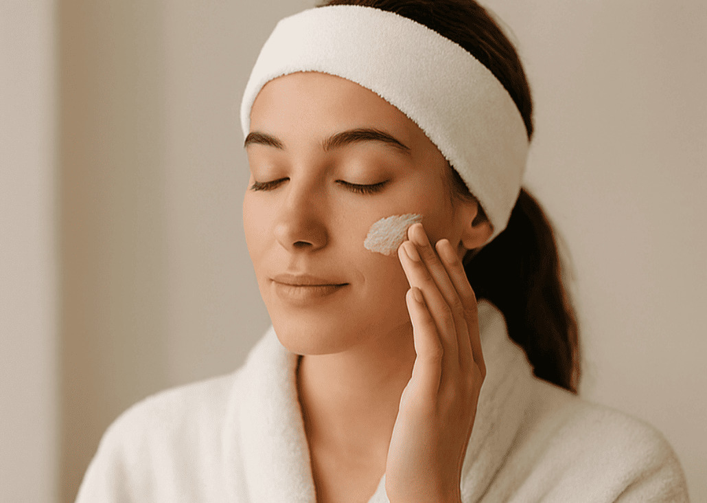 A woman wearing a soft spa headband while applying face cream