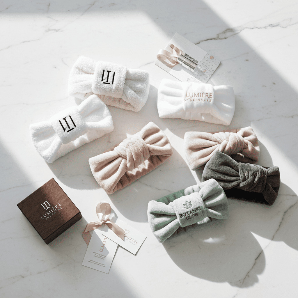A collection of custom-branded spa headbands with different logos and colors